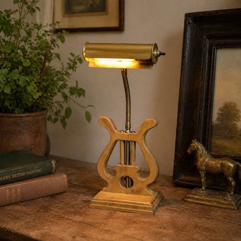MCM Lyre Base Piano Desk Lamp Brass Gooseneck Mid Century Fluorescent Works